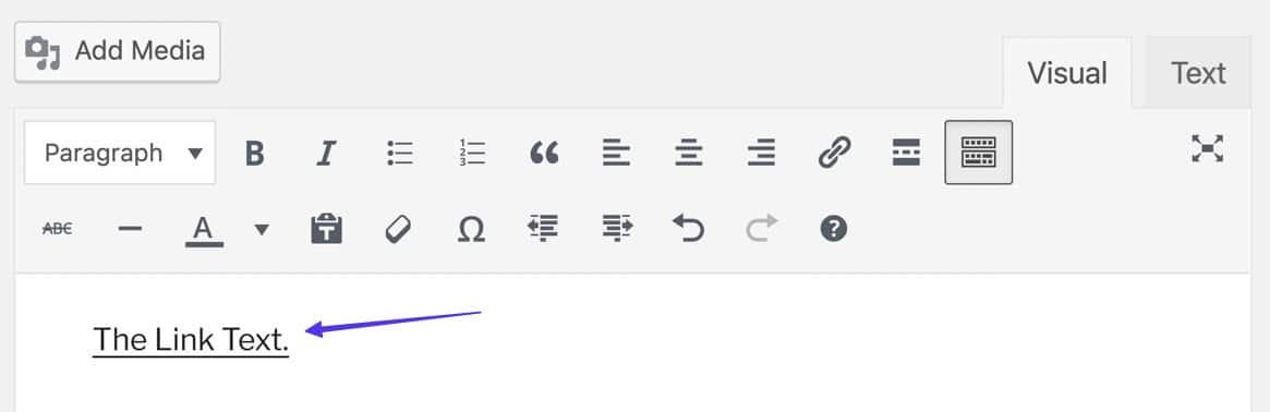 Schermata della parte alta dell’editor di testo di WordPress che contiene dove si vede un testo sottolineato, a indicare che contiene un link