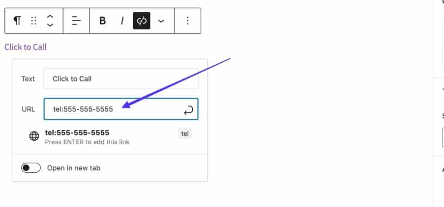 ビジュアルエディターに表示されたtel:リンク