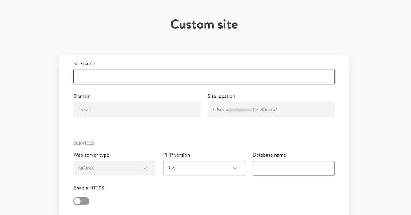 Schermata di DevKinsta con il modulo in cui inserire i dettagli del sito