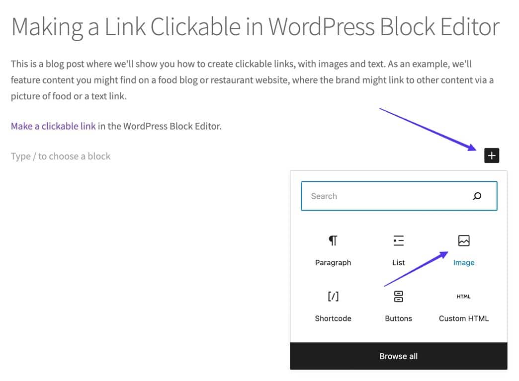 Schermata di una porzione di articolo nell’editor Gutenberg di WordPress: una freccia indica il segno + per aggiungere un nuovo blocco. Si è aperta la finestra popup con le opzioni del blocco, in cui la terza icona è quella delle immagini.