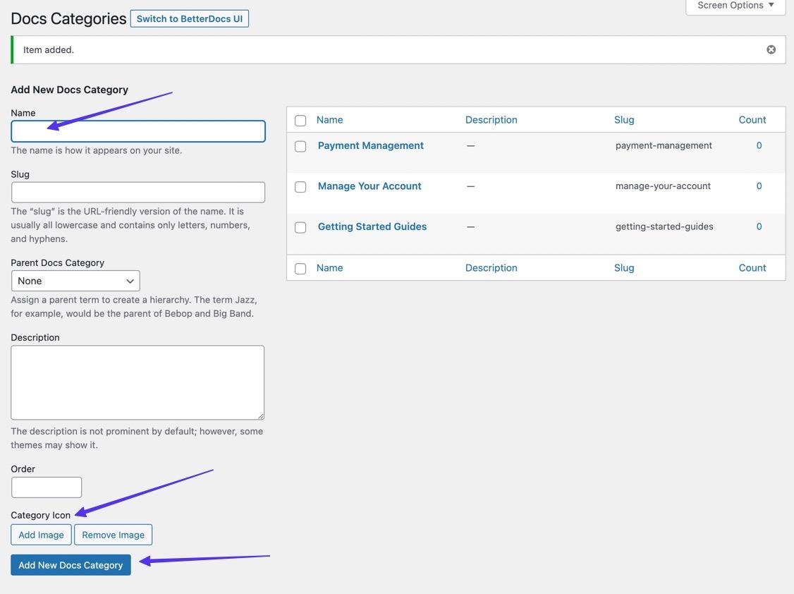 Schermata dell’editor WordPress con le opzioni per aggiungere le nuove categorie del documento