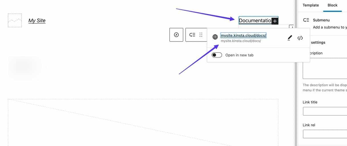 Schermata dell’editori WordPress dove è evidenziato il pulsante Documentation e la finestra modale con l’URL della pagina della documentazione