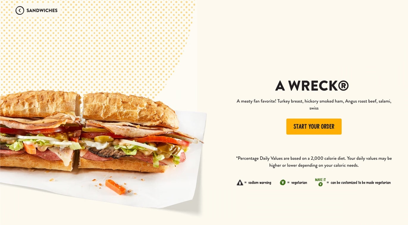 Pagina di un sito web con l’immagine in primo piano di un panino ripieno e un testo che invita all’acquisto