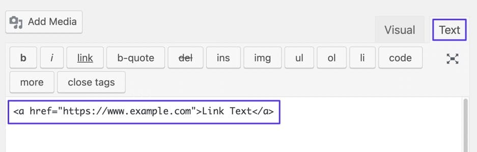 text editor in WordPress met code voor een link