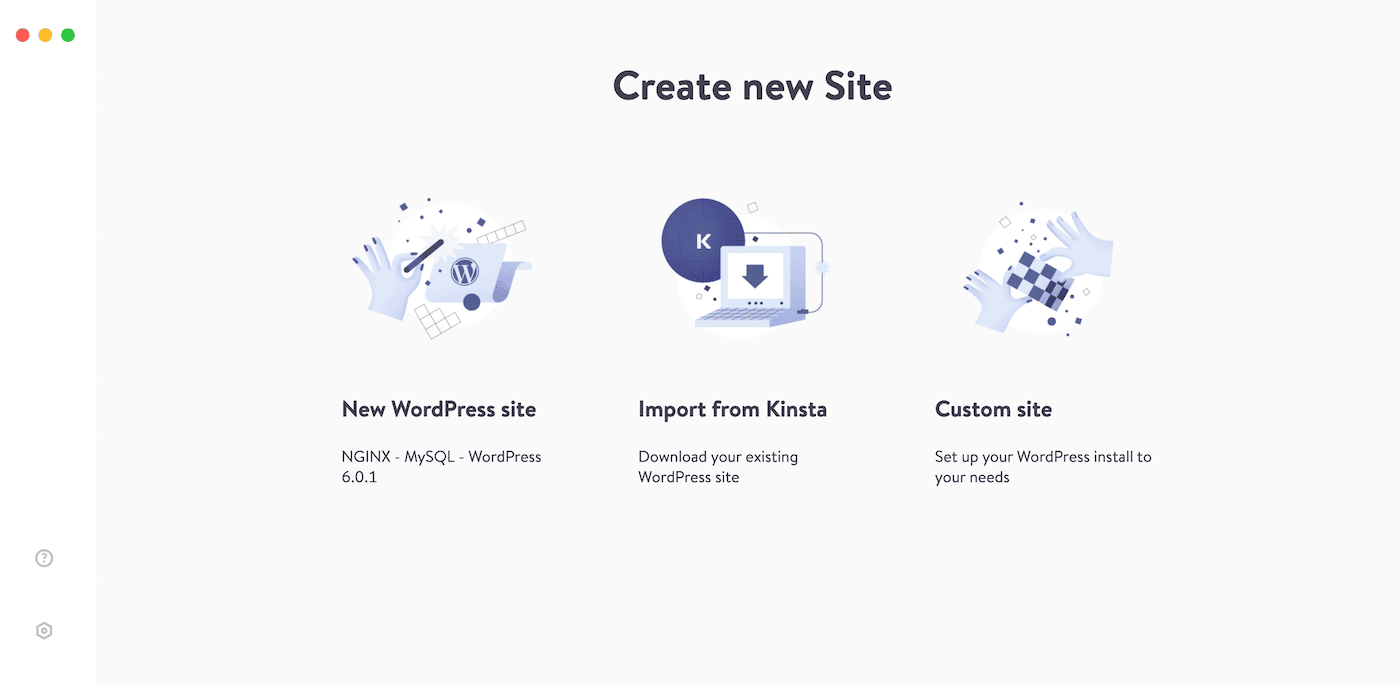 The Create a new DevKinsta site page is available after downloading