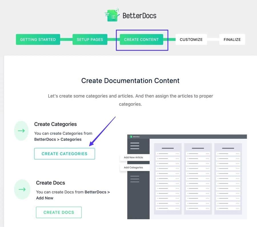 Schermata dalla documentazione di BetterDocs con le opzioni per creare le categorie per il wiki WordPress