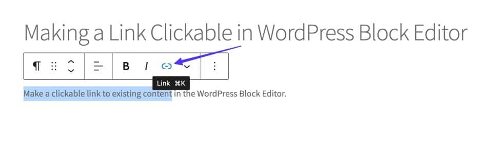 Schermata dell’editor dei blocchi: una freccia indica l’icona del link nel menu degli strumenti che compare quando si evidenzia il testo.