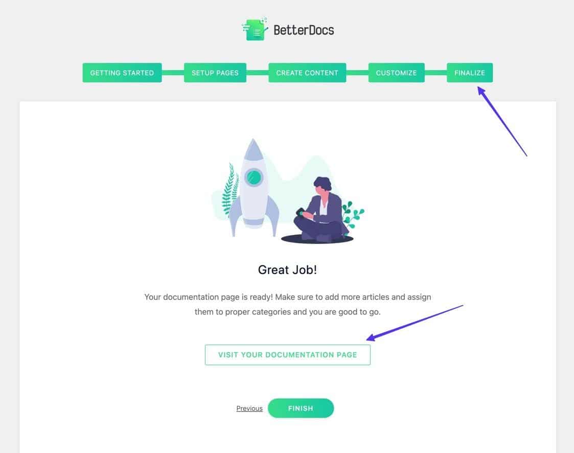 Schermata finale delle impostazioni di BetterDocs con il messaggio Great Job! e una freccia che punta sul pulsante Visit your documentation page.