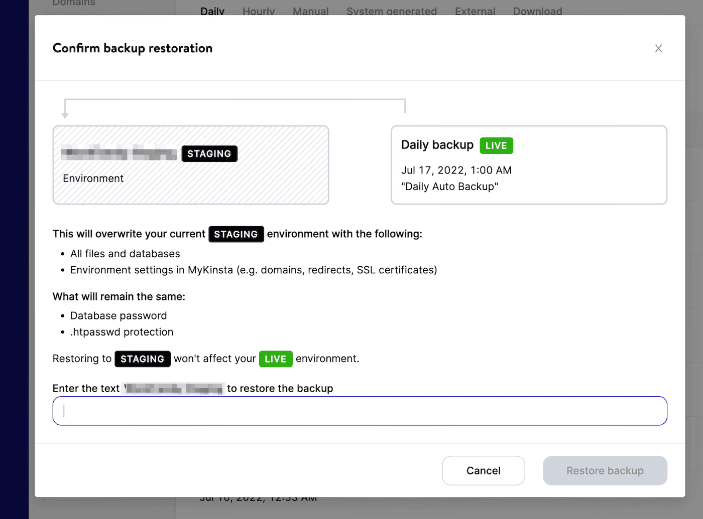 Confirm backup restoration in MyKinsta