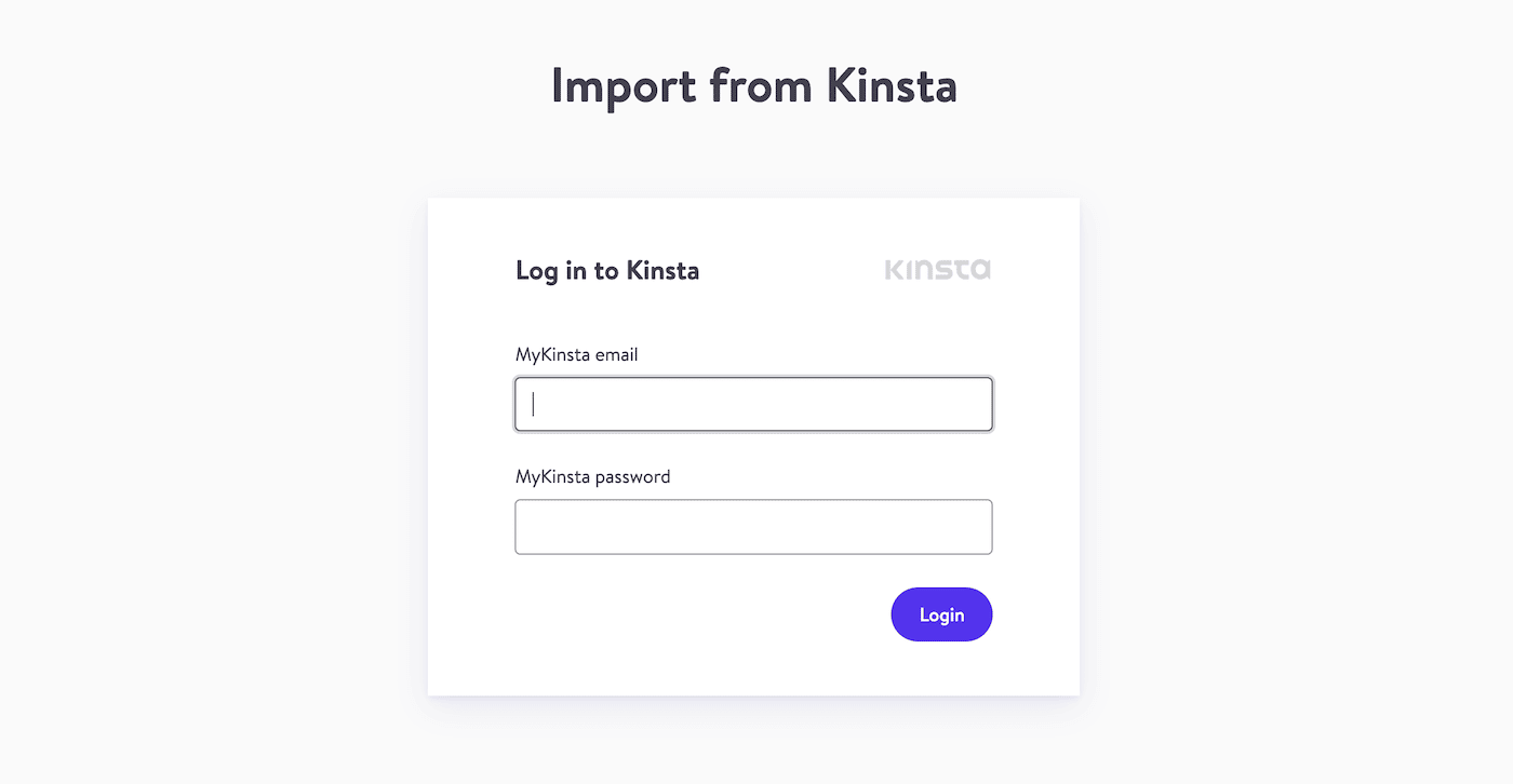 Schermata di DevKinsta con un modulo di accesso in cui inserire email e password di MyKinsta