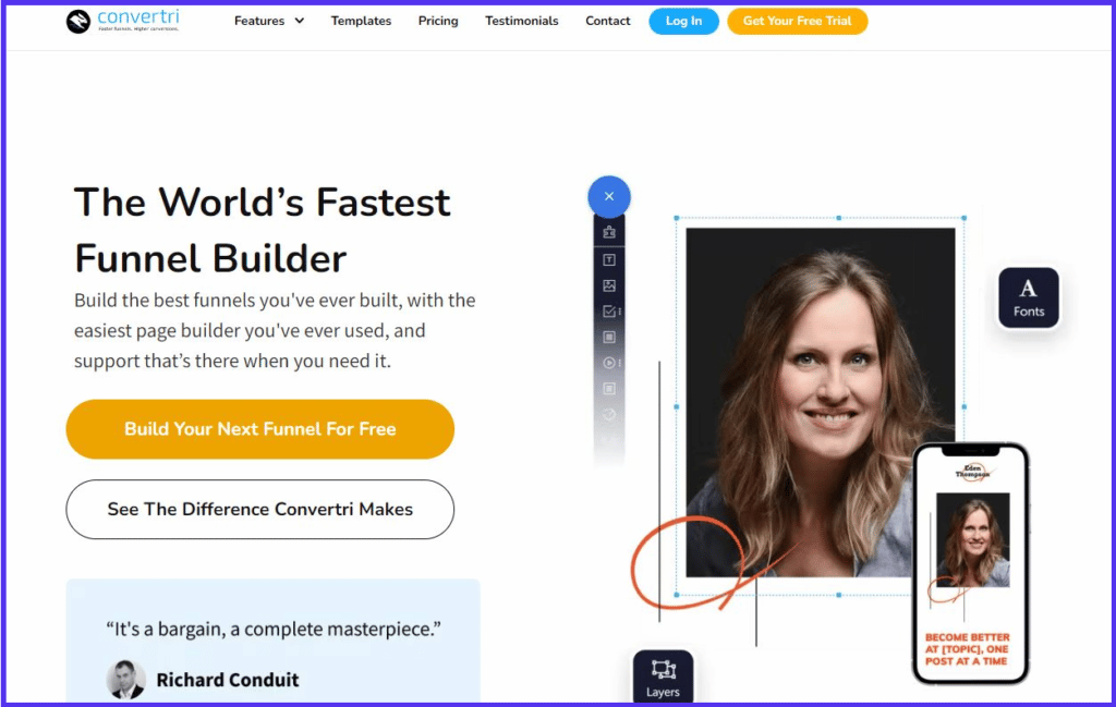 Homepage di Convertri con il motto The World’s Fastest Funnel Builder