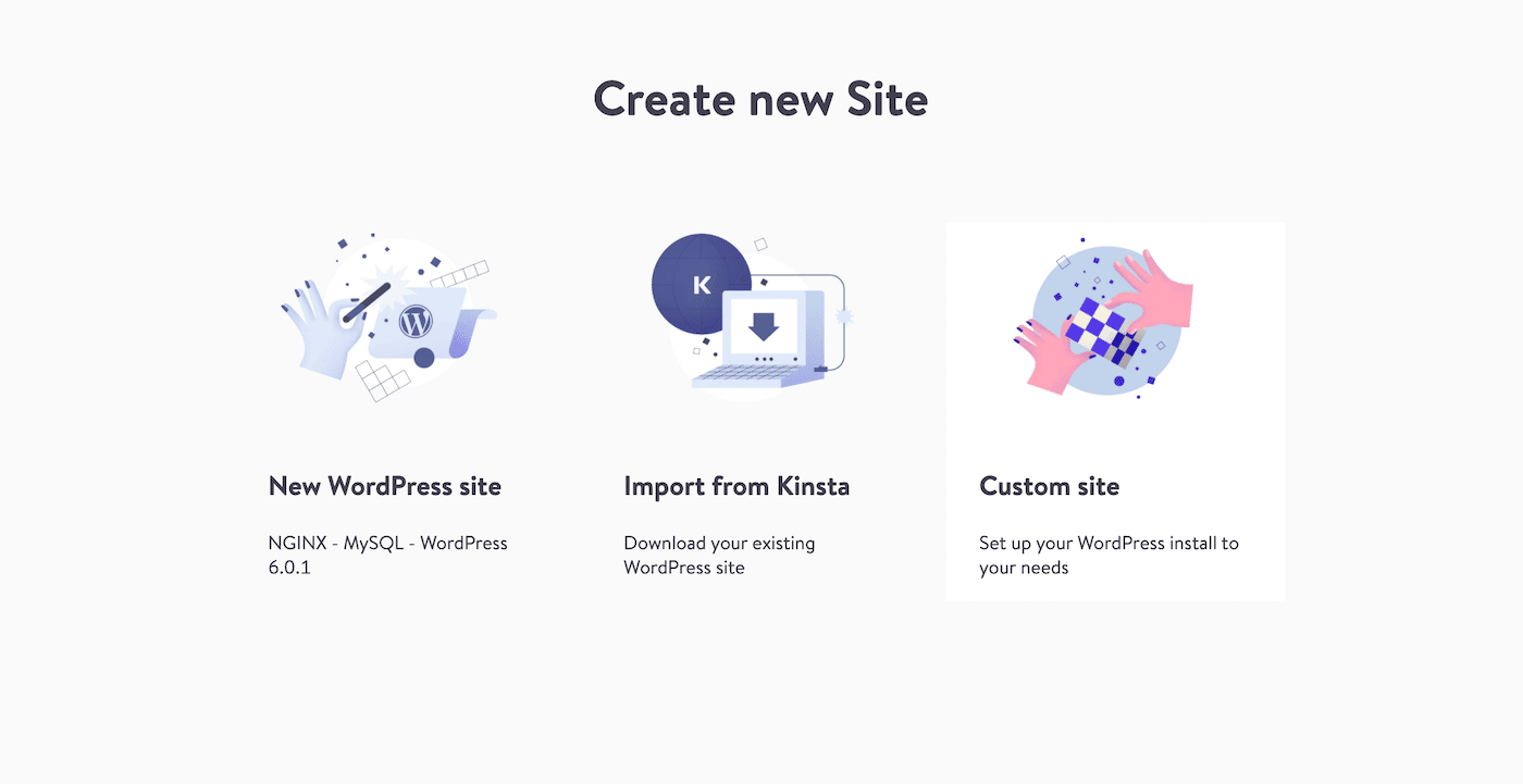 Schermata di DevKinsta con le opzioni per creare un nuovo sito, tra cui anche un sito personalizzato