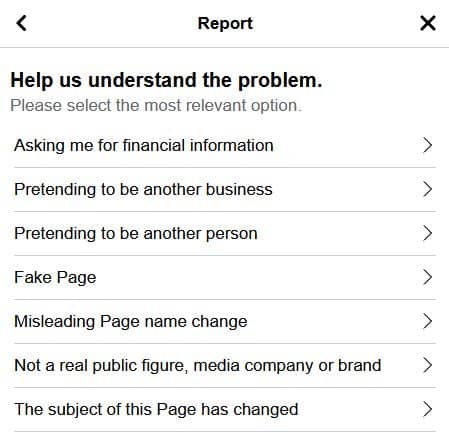 Schermata della lista Report di Facebook con spiegare con più dettaglio il motivo della segnalazione