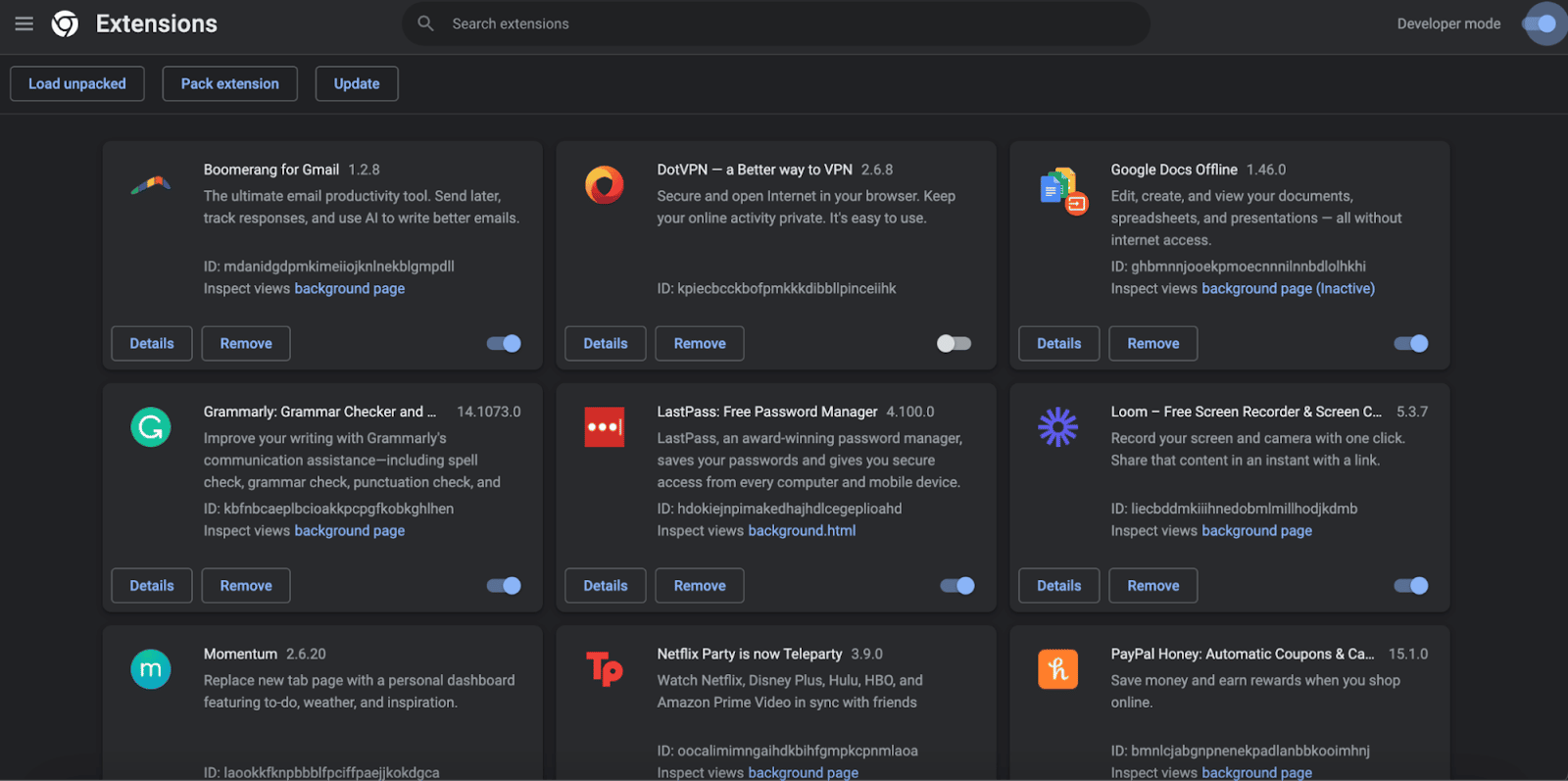 Chrome’s extensions developer mode switched on