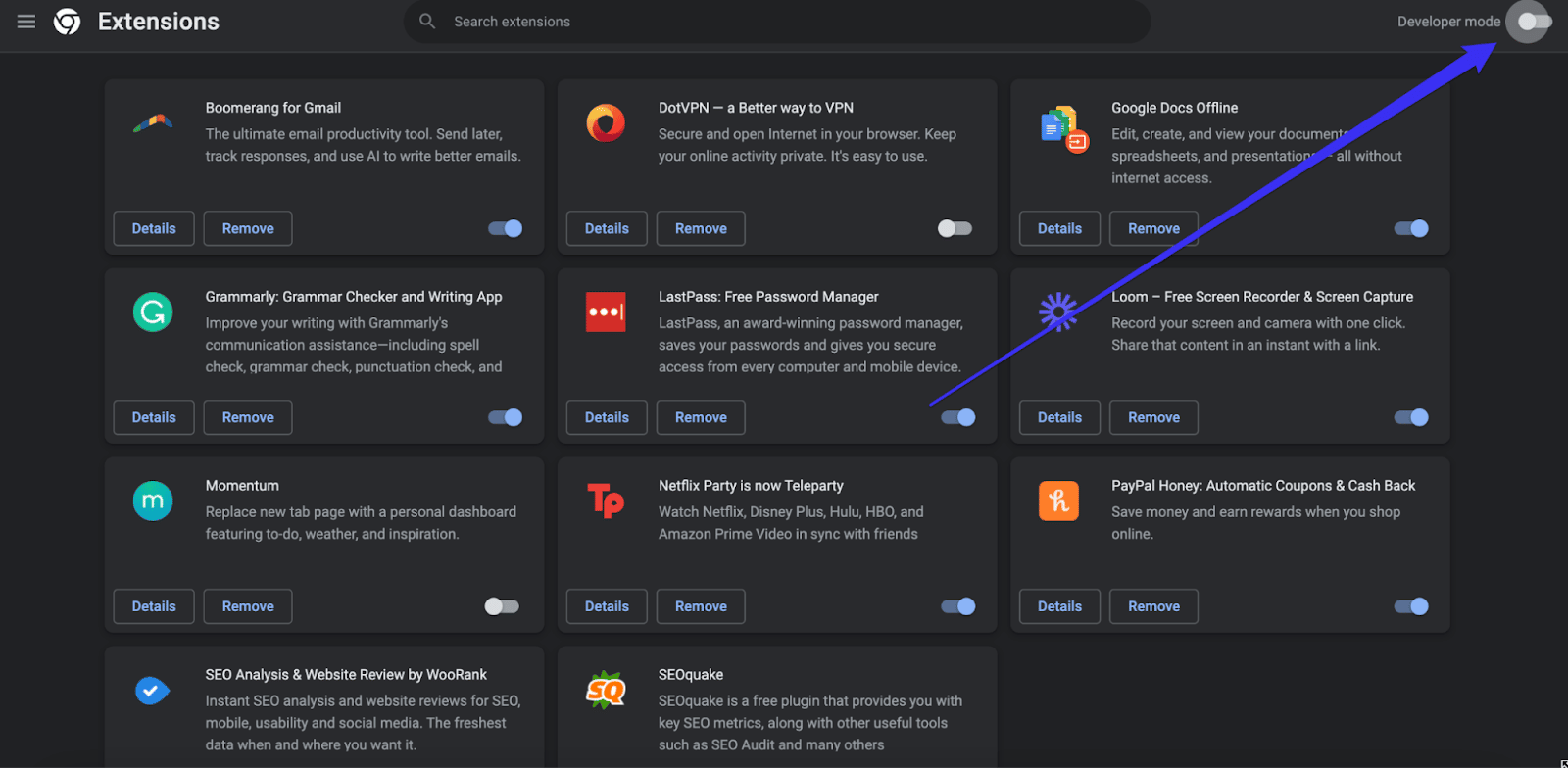 The developer mode in the chrome extensions hub