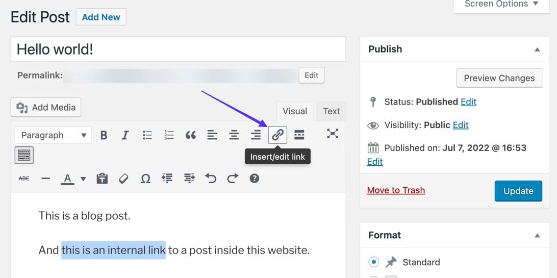 tekst geselecteerd en klikken op de knop Insert/Edit link in WordPress