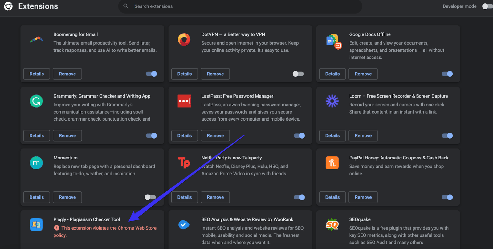 The Google Chrome Extensions Manager lists all of your extensions