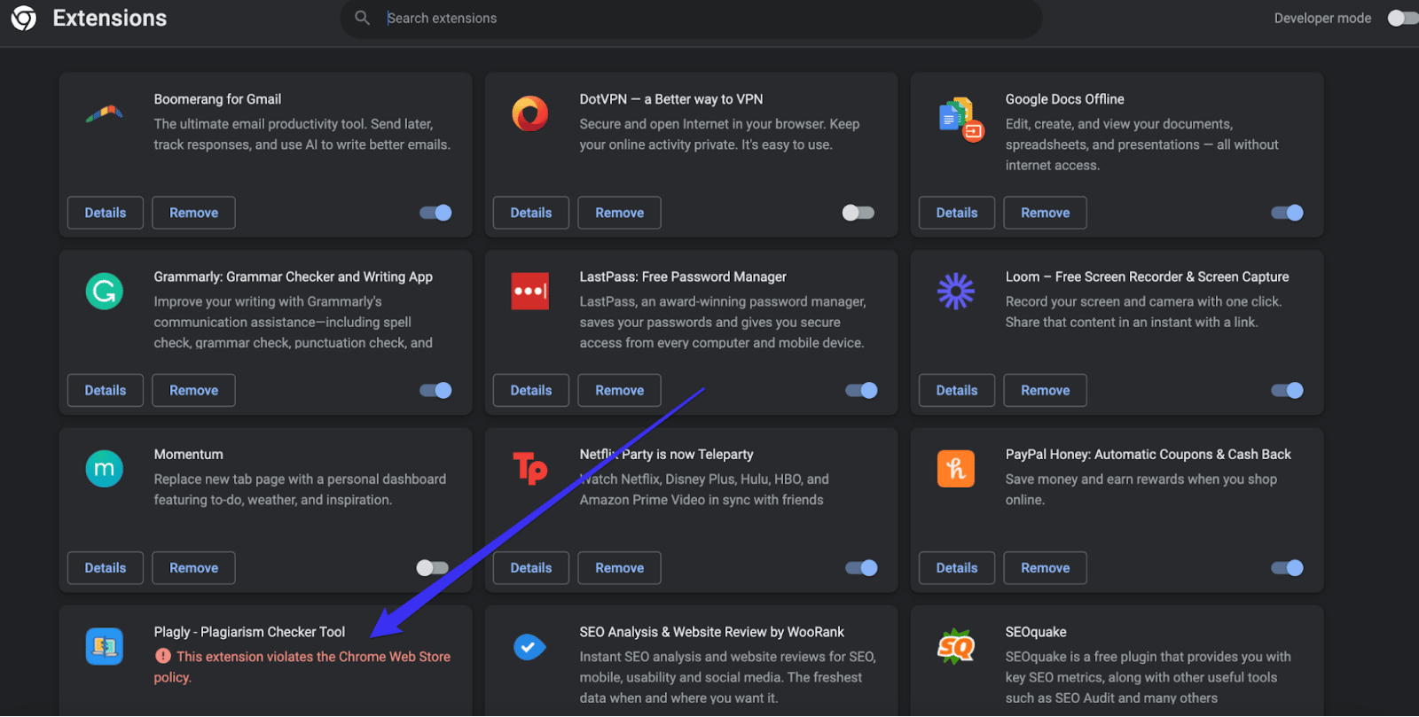 El Administrador de Extensiones de Google Chrome muestra todas tus extensiones