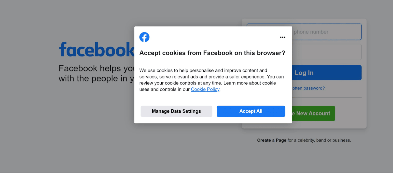 Uma solicitação de consentimento do consumidor do Facebook