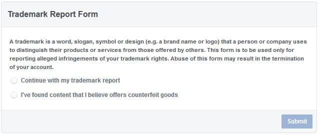 Il Trademark Report Form di Facebook