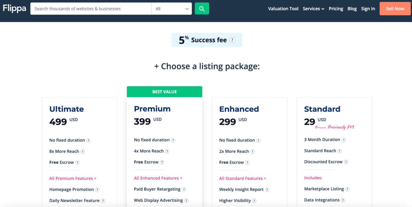 La página de precios de Flippa