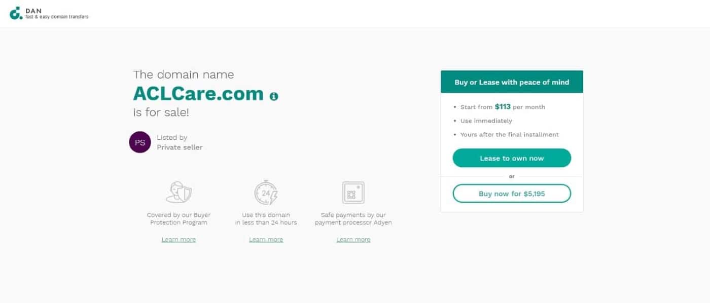 Una landing page che annuncia che il domnio ACLCare.com è in vendita