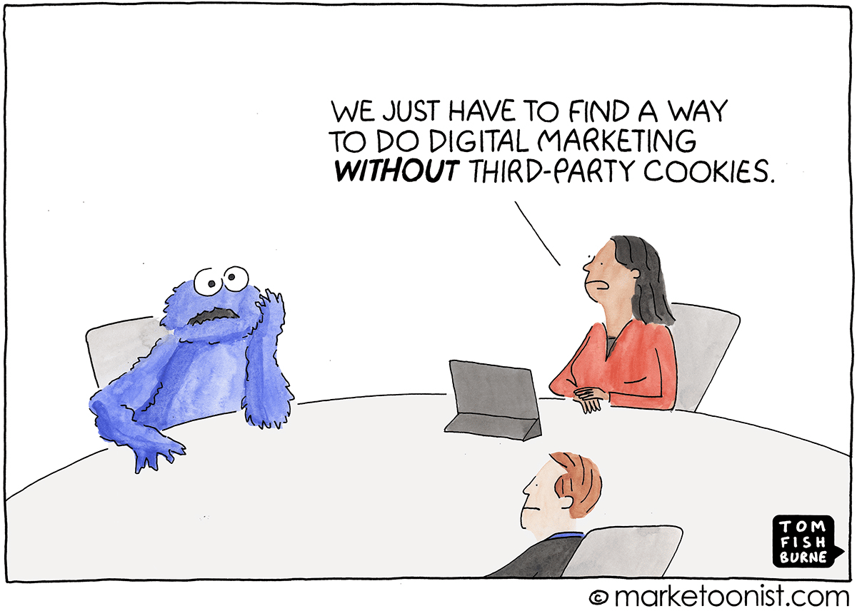 Att övergå till en cookie-fri  framtid är kanske inte bekvämt för alla (Källa: Marketoonist)