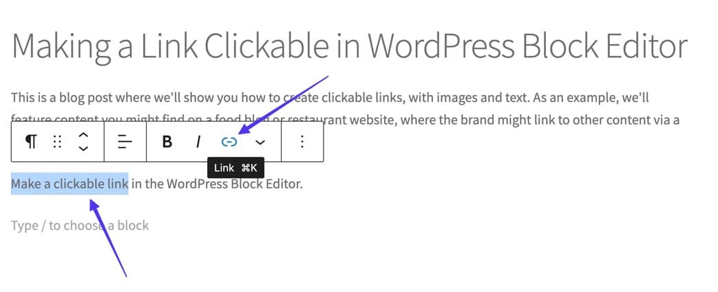 in WordPress highlighting text and clicking the Link button for the visual editor