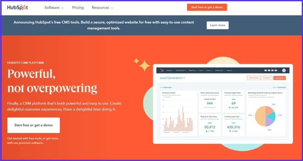 Homepage di Hubspot e il motto Powerful, Not Overpowering