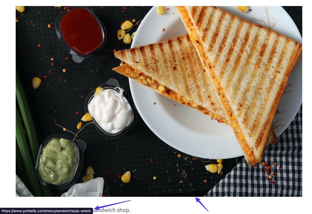 Immagine di un tramezzino in un post WordPress: in basso a sinistra nel browser si vede l’anteprima dell’URL collegata all’immagine