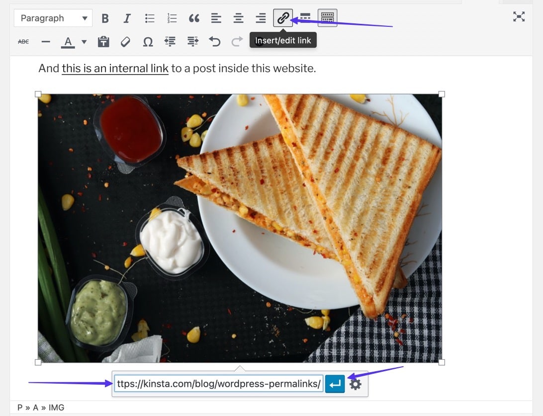 WordPress post editor met een afbeelding, klikken op de knop Insert/Edit link 