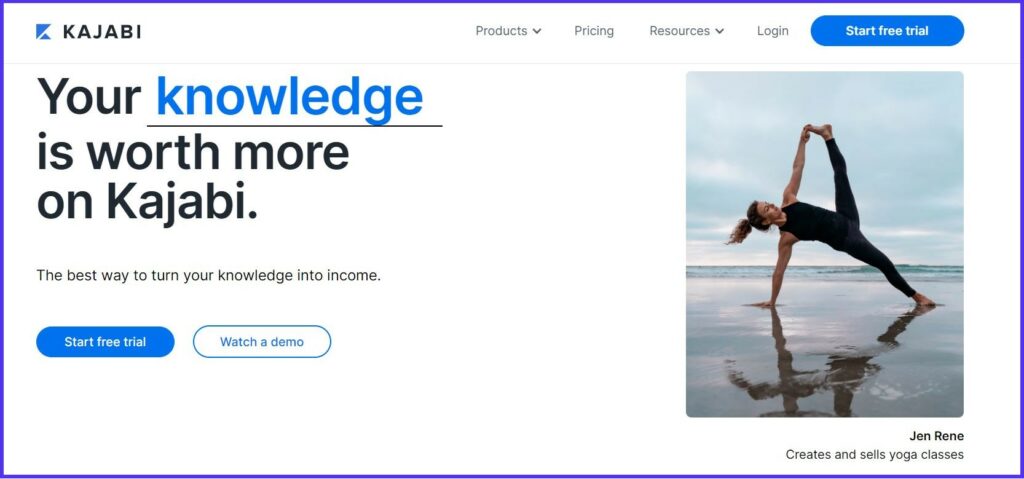 Schermata dell’homepage di Kajabi con il motto Your Knowledge Is Worth More on Kajabi