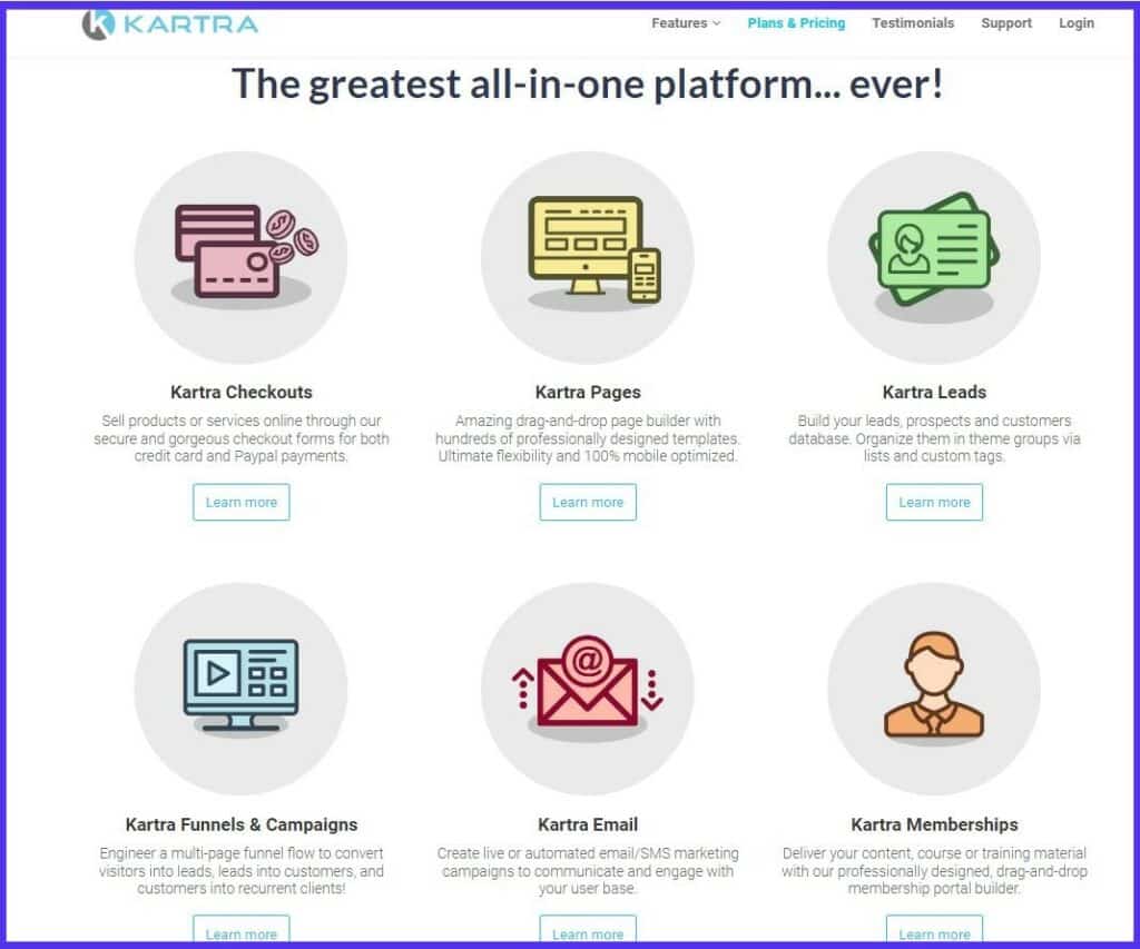 Homepage di Kartra con i suoi diversi servizi e il claim The Greatest All-in-One Platform Ever