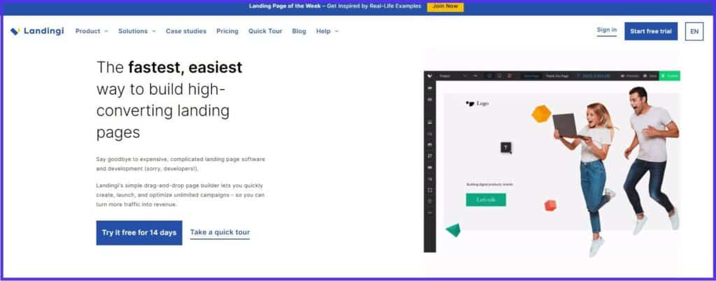 Homepage di Landingi con il motto The Fastest, Easiest Way to Build High-Converting Landing Pages