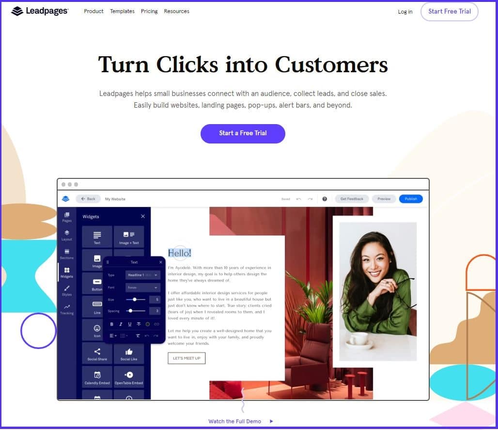 Schermata dell’homepage di LeadPages con il motto Turn Clicks Into Customers