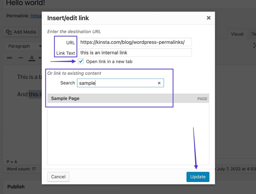 Finestra popup "Insert/edit link" dove sono evidenziati i campi URL, Link Text, e il campo di ricerca