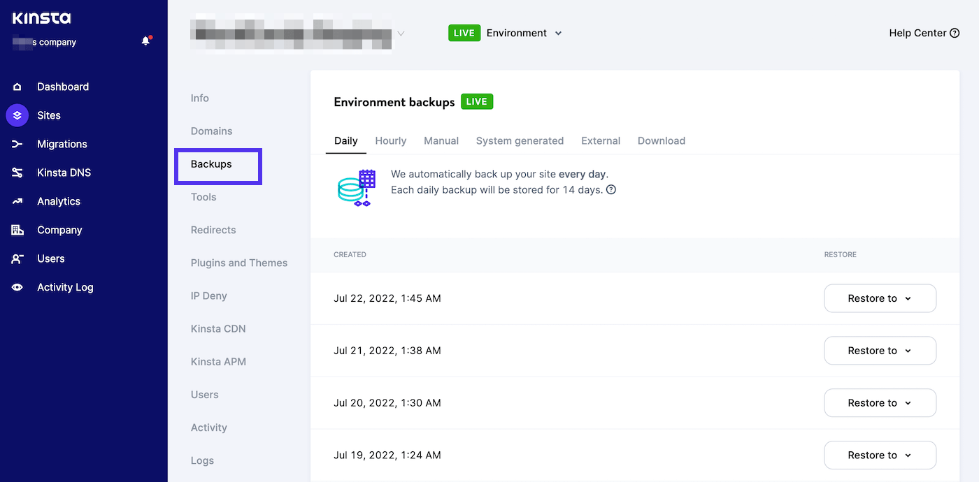 Backups in MyKinsta