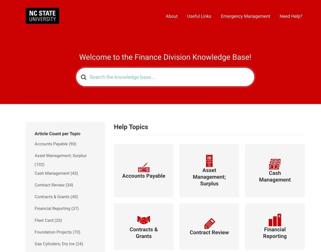 Schermata della pagina Knowledge Base della NC State Finance Division