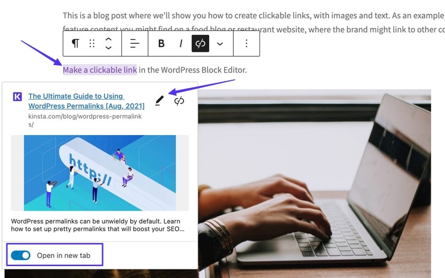 Finestra per inserire il link in un testo nell’Editor dei Blocchi: nella sezione con l’anteprima dell’articolo linkato è evidenziato l’interruttore Apri in una nuova scheda.