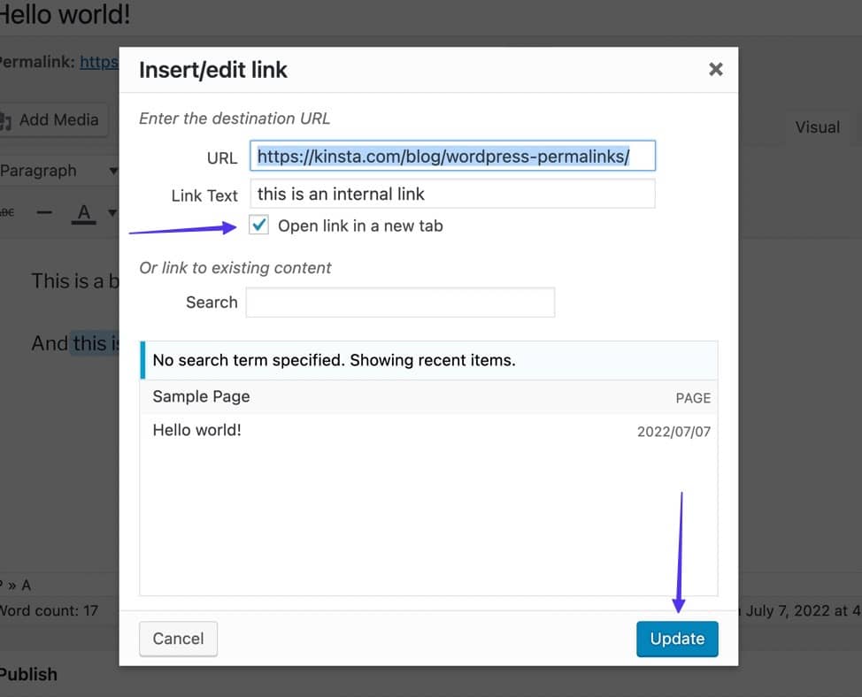 Finestra popup per inserire i link: una freccia indica la casella spuntata per l’opzione Apri il link in una nuova finestra, mentre una seconda freccia indica il pulsante Aggiorna.