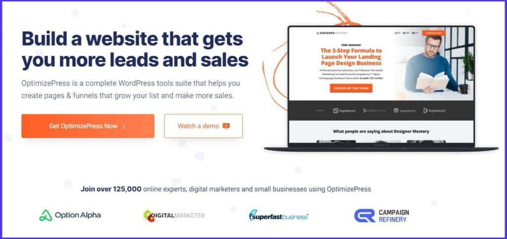 Homepage di OptimizePress con il motto Build a Website That Gets You More Leads and Sales