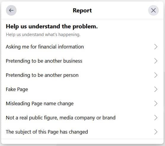 Schermata della lista Report di Facebook con i dettagli sulla segnalazione della pagina