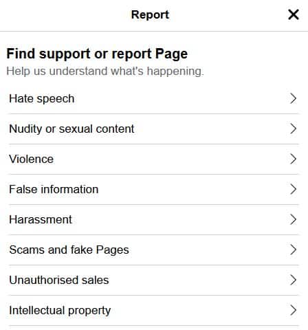 Schermata della lista Report di Facebook con i motivi per cui si può segnalare una pagina