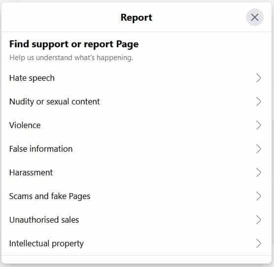 Schermata della lista Report di Facebook da mobile con i motivi per cui si può segnalare una pagina