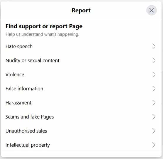 facebook report a fake page