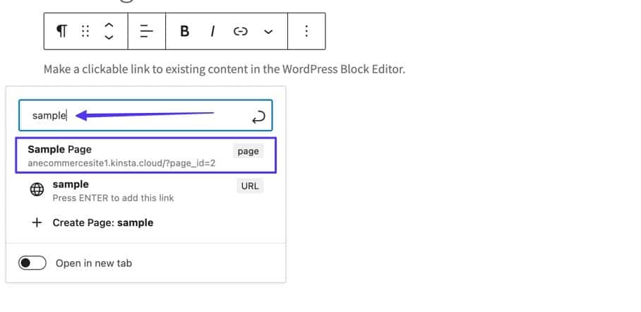 Menu che si apre quando si fa clic sull’icona del link: nel campo è stata inserita la parola Sample e nel menu a tendina sottostante compare un articolo chiamato Sample Page.