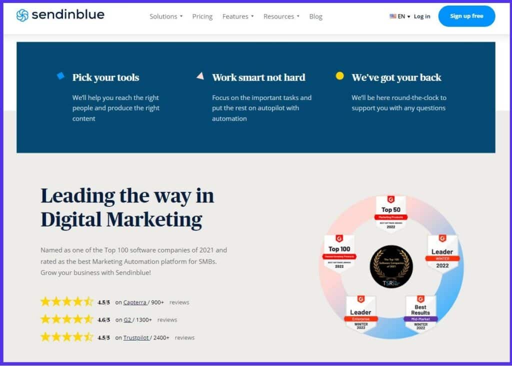 Homepage di Sendinblue con il motto Leading the Way in Digital Marketing