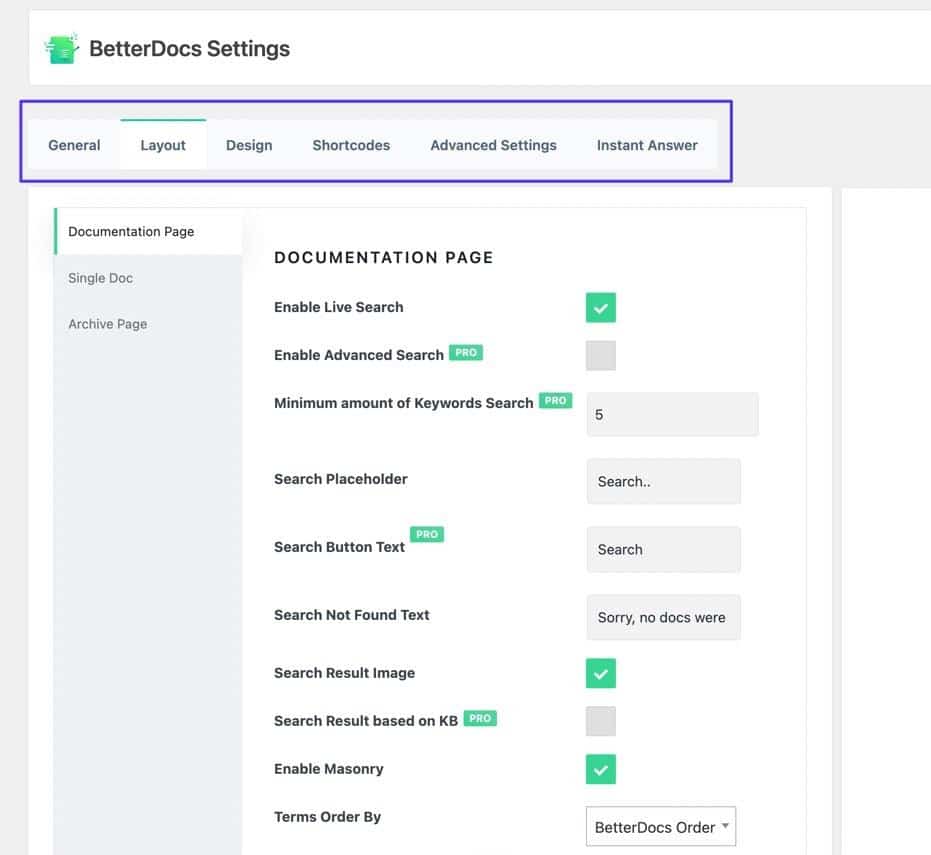 El panel de configuración de BetterDocs