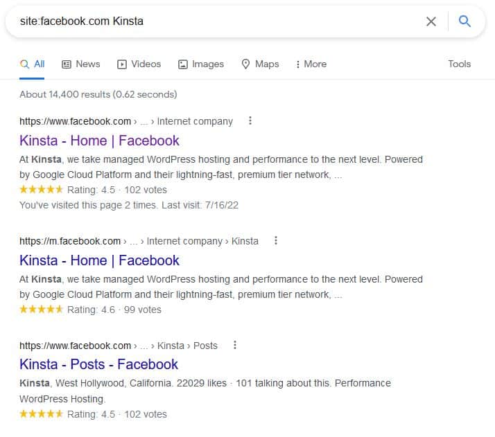 Una ricerca Google per la stringa site:facebook.com Kinsta