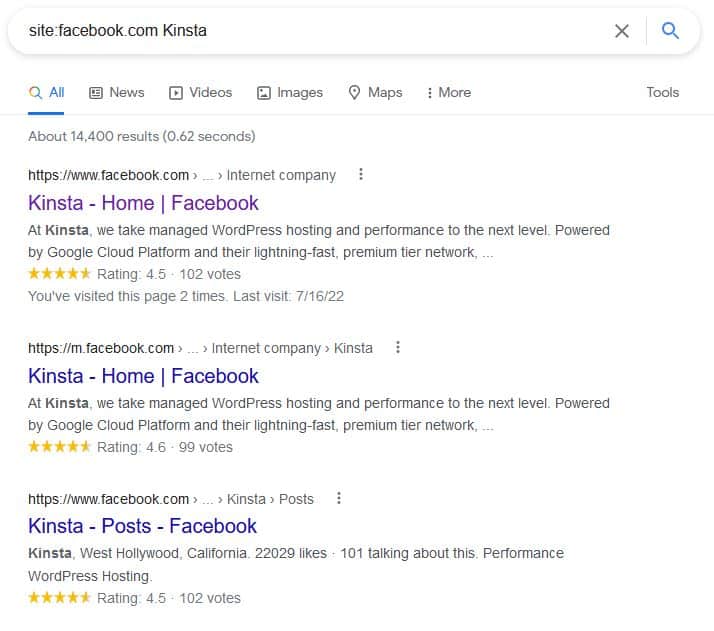 Pesquisa por site para restringir os resultados para mostrar apenas páginas do Facebook